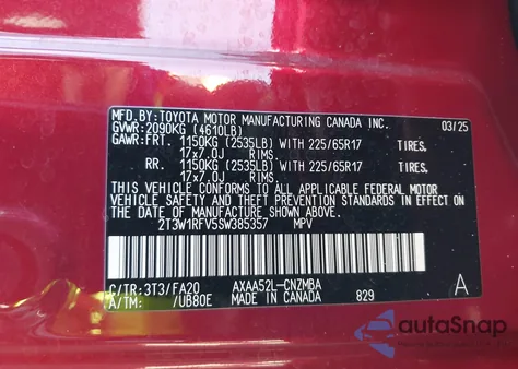 2025 Toyota Rav4 Xle from USA, damaged, VIN 2T3W1RFV5SW385357